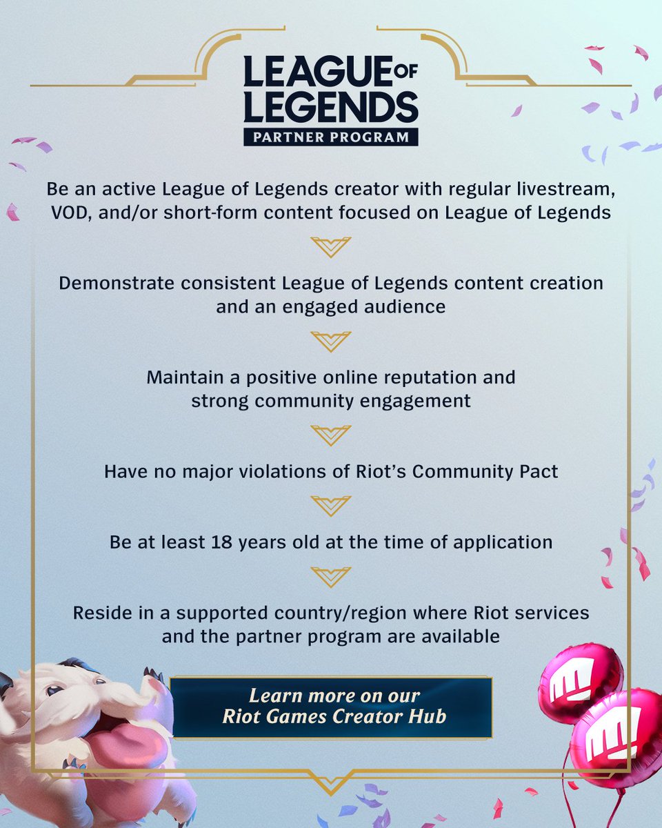 LeagueOfLegends's tweet photo. Get ready gamers: applications for our new League Partner Program are opening soon. Here’s what we’re looking for: https://t.co/9KyzG2x7nm https://t.co/PlsimXbDOV