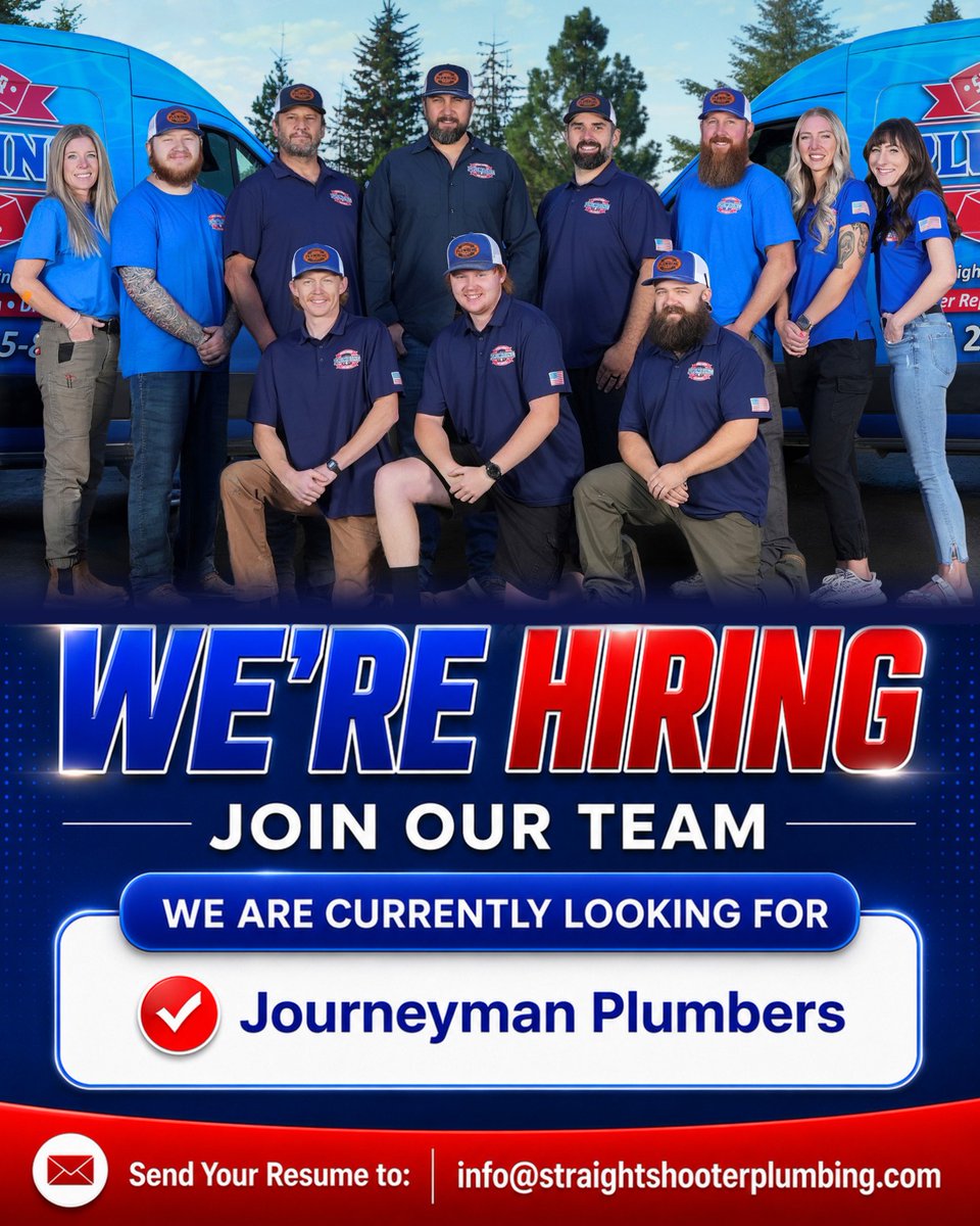 SSPRidaho's tweet photo. We're Hiring!

Straight Shooter Plumbing and Rooter is looking for Journeyman Plumbers. 

📩 Apply now: info@straightshooterplumbing.com | (208) 214-2642
🔗 Details: https://t.co/p3uS0mHytr

#StraightShooterPlumbingAndRooter #Hiring #PlumbingJobs #PlumberLife https://t.co/rvpKhZmGzV