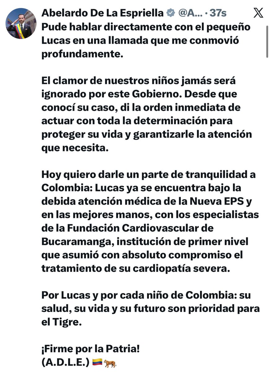 lafm's tweet photo. #Política | El presidente Abelardo De La Espriella habló con Lucas, el niño que enfrenta una cardiopatía severa, y aseguró que ya recibe atención médica especializada en la Fundación Cardiovascular de Bucaramanga.

El mandatario afirmó que la salud y el futuro de Lucas, así como los de todos los niños de Colombia, son una prioridad para su Gobierno.