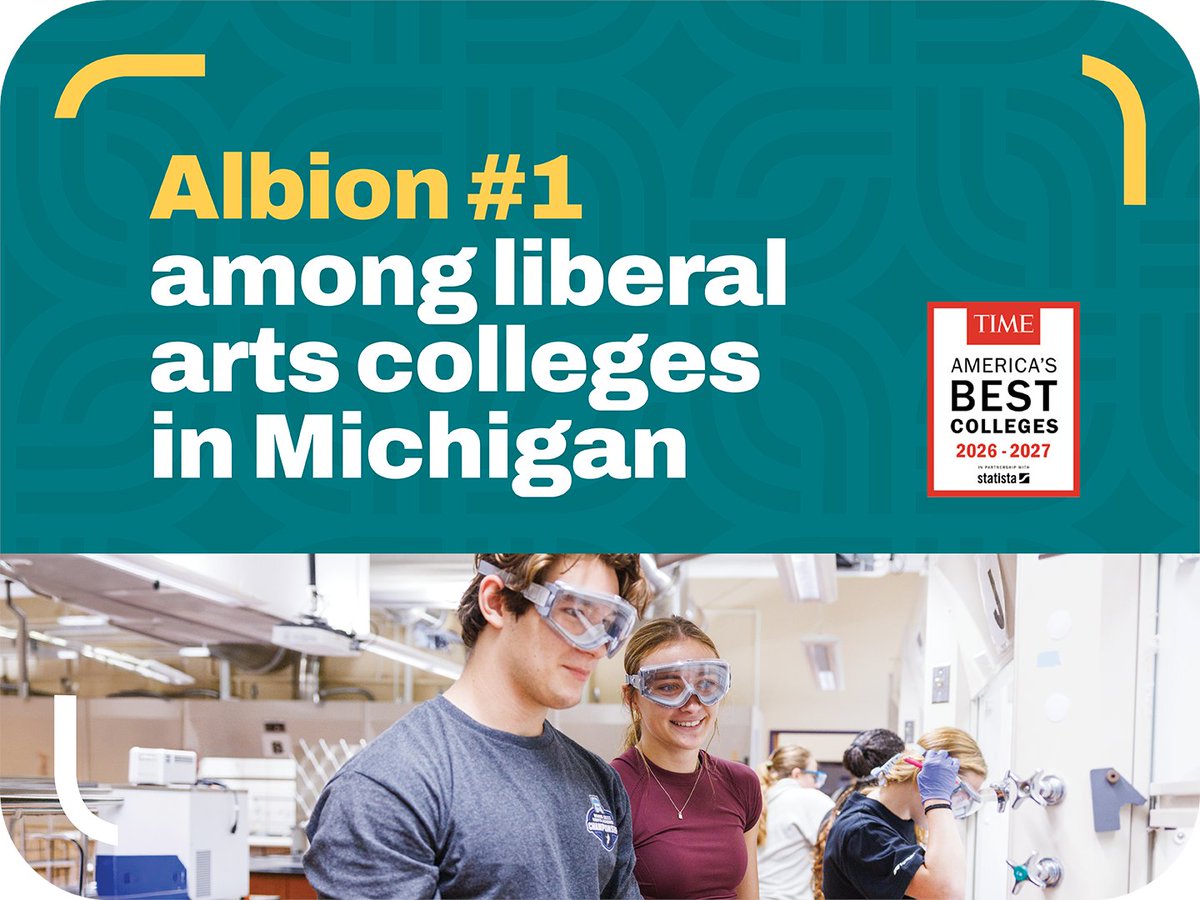 albioncollege's tweet photo. #1 liberal arts college in Michigan 🏆 

TIME magazine's newest college rankings put Albion at the top—first among liberal arts colleges in Michigan, and first among all Michigan institutions for creating an exceptional learning environment. TIME and data research firm Statista evaluated colleges and universities based on student outcomes, learning environment, and attractiveness to students.

Only the University of Michigan, University of Detroit Mercy, Michigan State University, UM Dearborn, and Michigan Tech ranked higher than Albion College.

Read the full story at the link! 🗞️

#AmericasBestColleges #TIME #NationalRanking #MichiganColleges #AlbionCollege