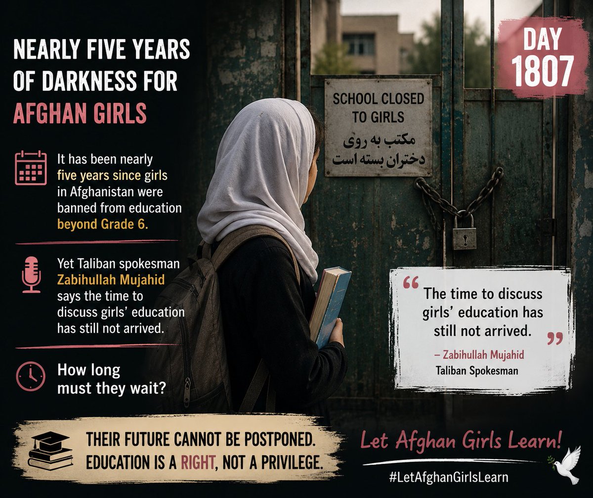 AfghanistanRW's tweet photo. Day 1807: 
Five years have passed since girls were banned from education. Yet Taliban spokesman says the time to discuss girls’ education has still not arrived.
How long must Afghan girls wait? 

#LetAfghanGirlsLearn #Day1807 #EducationIsARight https://t.co/3Zruy8TEDy