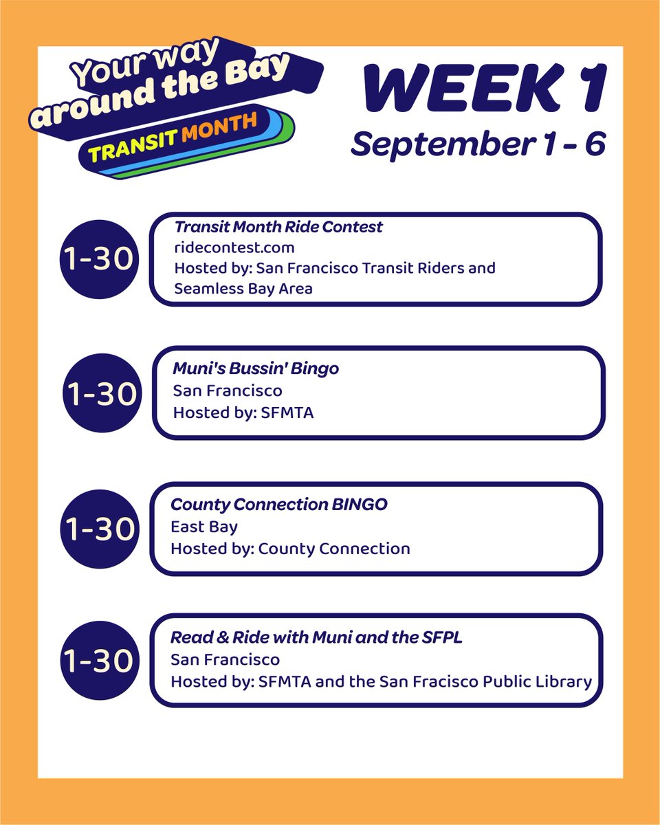 SFTRU's tweet photo. TRANSIT MONTH STARTS TOMORROW!

This first week is stacked with events. Check them out:
9/1-9/30: Transit Month Ride Contest
9/1-9/30: Muni's Bussin' Bingo
9/1_9/30: County Connection BINGO
9/1-9/30: Read &amp; Ride with Muni and the SFPL
9/1: @SFTRU’s Transit Month Kickoff Rally https://t.co/mhy7RhpEzz