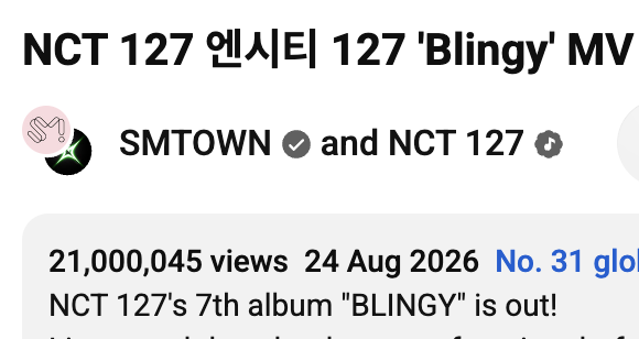 127CENTRAL's tweet photo. Blingy MV has finally crossed 21M ❤️‍🔥 Tracking for this week's music shows has officially ended. Thank you for the effort, Chilzennie 🫂

We can now focus on voting for the rest of the week! Continue collecting hearts and voting for #NCT127_Blingy ✳️ 

ONGOING VOTING - Vote everyday!

✳️ MCountdown (Mnet Plus) 
⏰ends 9/1 (tomorrow), 11:59PM KST
Max 5 votes per account, watch ads to vote

✳️Music Bank (Coogoong)
⏰ends 9/2 (W), 11AM KST
Earn daily attendance and watch ads to earn 💙 for voting

✳️Stage M Pick (Muniverse)
🗓️ends 9/3 12:PM KST
Earn daily attendance free Lumi (100🩶) and use for 10 votes in Stage M Pick

🔜 UPCOMING VOTING - Collect hearts NOW!

✳️ Music Core Prevote
(Mubeat and Muniverse - 2 apps)
🗓️opens 9/1 (tomorrow), 6PM KST until 9/3 (Th), 11AM KST
Unlimited voting, watch ads (free) or spin the roulette (paid) to get ❤️ for prevote

✳️Music Core Livevote - save 150❤️ to exchange for 5 live voting tickets

We need to win voting with a HUGE GAP. We are NOT yet in a comfortable position for any show. Every vote matters, let's work together to give 127 their well-deserved wins on their 10th anniversary album.❤️‍🔥🏆🏆

-

Stream on Stationhead (connect premium Spotify/Apple Music)
🔗 https://t.co/JrjxC156rk

#NCT127