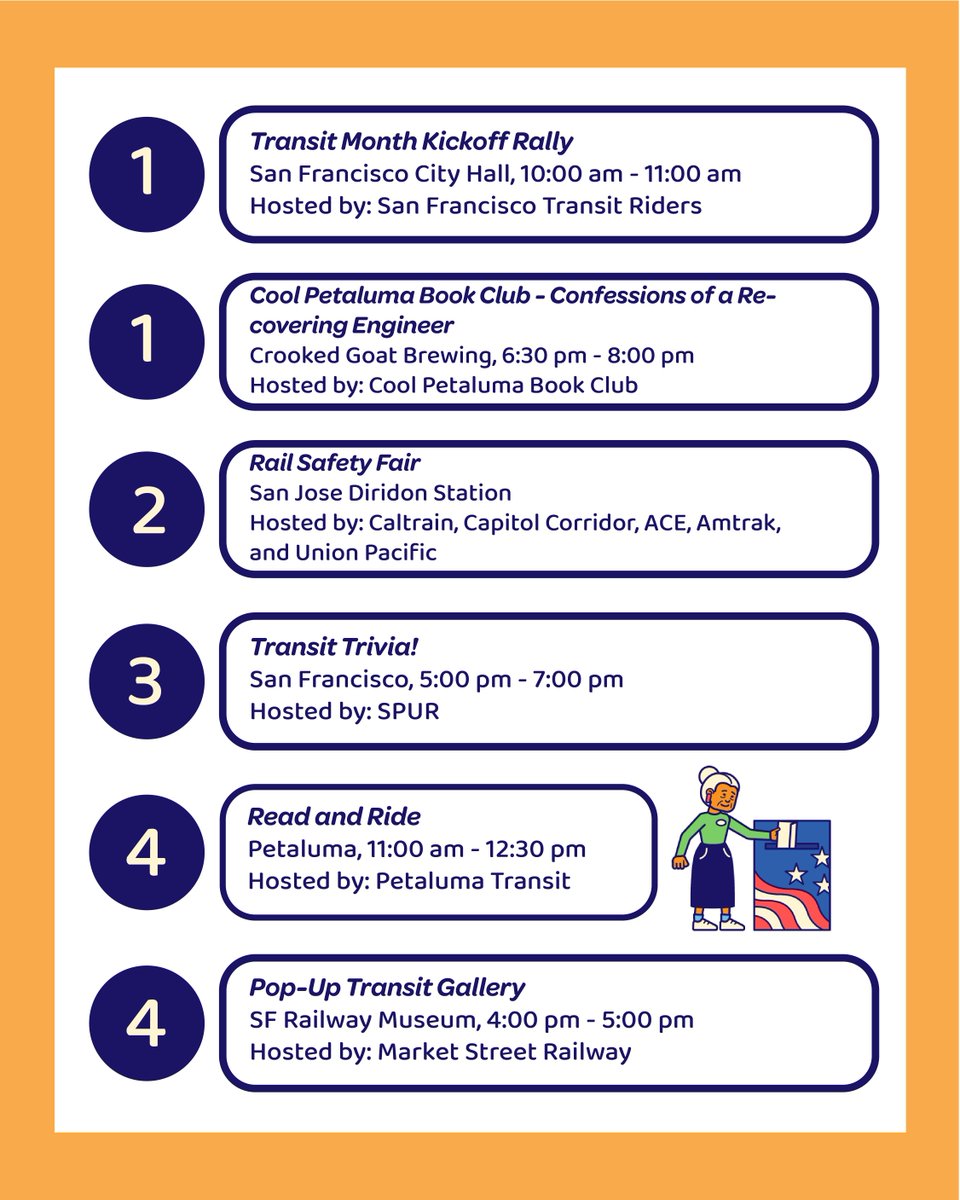SFTRU's tweet photo. TRANSIT MONTH STARTS TOMORROW!

This first week is stacked with events. Check them out:
9/1-9/30: Transit Month Ride Contest
9/1-9/30: Muni's Bussin' Bingo
9/1_9/30: County Connection BINGO
9/1-9/30: Read &amp; Ride with Muni and the SFPL
9/1: @SFTRU’s Transit Month Kickoff Rally https://t.co/mhy7RhpEzz