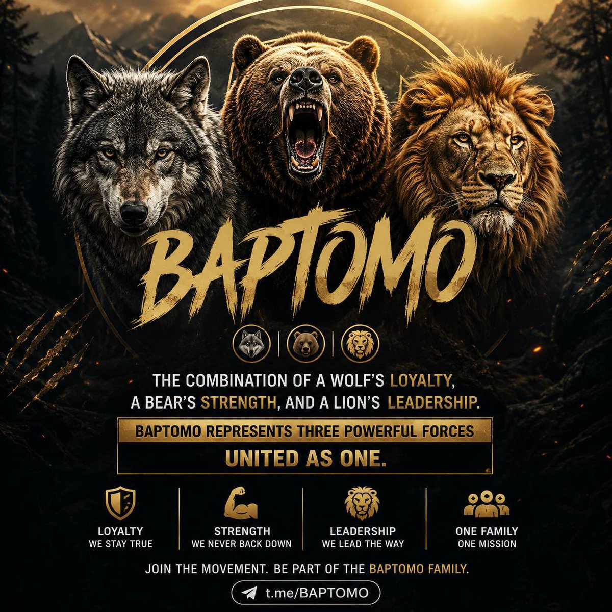 BAPTOMOcoin's tweet photo. 🔥 BAPTOMO — THREE FORCES. ONE FAMILY.

🐺 Wolf’s loyalty. 🐻 Bear’s strength. 🦁 Lion’s leadership.
Together, we stand stronger, build together, and move as ONE. ⚡️

Join the BAPTOMO family. 🐺🐻🦁

#BAPTOMO #Crypto #Memecoin #Solana #Web3 #CryptoCommunity #MemeCoin #BAPTOMOFAMILY