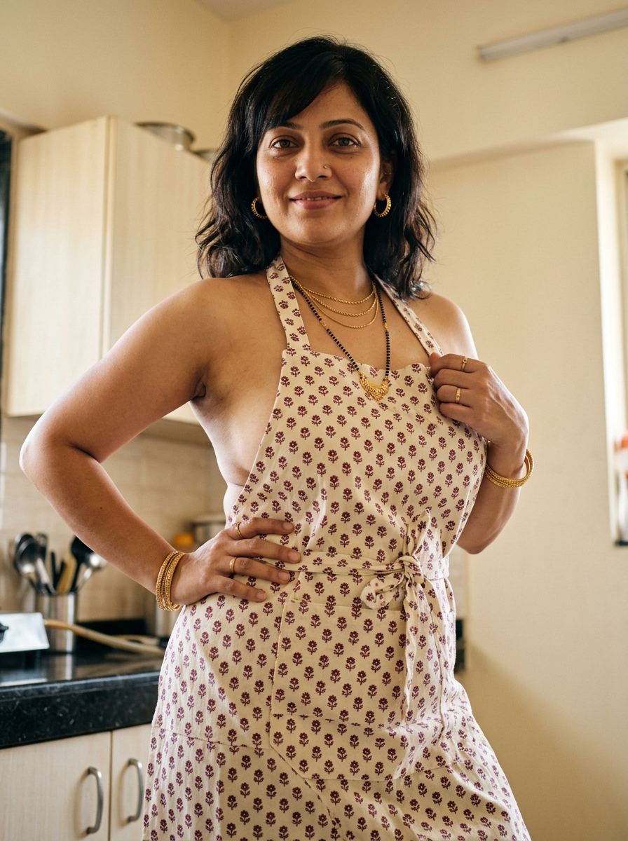 binary01010101's tweet photo. Prompt: 
{   "image_type": "photorealistic low-angle home portrait",   "aspect_ratio": "9:16 vertical",   "disclaimer": "Original fictional adult Indian woman. Not an exact likeness of any real person.",   "subject": {     "identity": "original adult Indian woman, mid-to-late 30s, mature MILF glamour",     "ethnicity": "Indian",     "age_range": "35 to 42",     "age_look": "clearly adult and mature — lived-in skin, not teenage, not elderly",     "face": "soft oval face, large warm brown eyes, naturally full brows, refined nose, medium-full dusty-rose lips",     "expression": "knowing MILF look, chin slightly tucked, eyes down into the low camera",     "hair": {       "color": "dark brown",       "style": "shoulder-length with a soft side-swept fringe, slightly undone waves"     },     "body": "voluptuous mature hourglass, XXL very full heavy breasts with soft-tissue weight and deep cleavage, defined waist, rounded hips",     "skin": "warm wheatish-fair skin, visible pores, natural body texture, no airbrush"   },   "outfit": {     "garment": "only a kitchen apron",     "worn": "single garment — no gown, no dress, no blouse, no nighty, no underwear visible as a separate styled layer",     "color_print": "cream cotton apron with a small maroon floral print",     "details": "neck strap, waist ties knotted behind the back, front panel covering the torso and upper thighs, open sides at the hips",     "fit": "pulled  very tight across the bust by the pose, wrinkled cotton, practical kitchen wear styled as the only clothing"   },   "jewelry": {     "earrings": "small thick gold hoops",     "nose": "tiny gold nose stud on the left nostril",     "neck": [       "short layered gold chains",       "black-bead gold mangalsutra with the pendant resting on the chest"     ],     "wrists": "stacked traditional gold bangles",     "hands": "two thin gold rings"   },   "pose": {     "type": "standing S-curve",     "weight": "on the back leg",     "hips": "opposite hip pushed toward camera",     "waist": "cinched and slightly twisted",     "torso": "ribcage lifted, chest offered upward toward the low lens",     "shoulders": "counter-rotated against the hips",     "head": "chin slightly down, looking into the camera",     "hands": "one hand holding the apron edge at the bust, the other on the popped hip",     "energy": "confident, teasing, at-home MILF, clear S-line from shoulder to hip to knee"   },   "camera": {     "height": "low — camera at hip to lower-waist height",     "angle": "looking up the body toward the face and apron front",     "lens": "35mm to 50mm",     "aperture": "f/4 to f/5.6",     "framing": "knees or mid-thigh to head, vertical 9:16"   },   "environment": {     "location": "simple lived-in Indian kitchen",     "background": "cream cabinets, a sliver of counter, warm wall, softly visible behind her",     "lighting": "soft afternoon window daylight from one side"   },   "quality": {     "resolution": "4K",     "detail": "pores, cotton weave, gold reflections, individual hair strands"   },   "mood": "at-home, teasing, mature, low-angle apron glamour",   "negative_prompt": [     "kitchen gown",     "nighty",     "dress under the apron",     "blouse",     "saree",     "denim overalls",     "eye-level camera",     "high angle looking down",     "stiff straight pose",     "teenage face",     "early 20s look",     "elderly",     "blonde hair",     "plastic skin",     "airbrushed skin",     "exact celebrity likeness",     "exact likeness of a real person",     "CGI",     "cartoon",     "anime",     "illustration",     "watermark",     "text",     "underage"   ] }