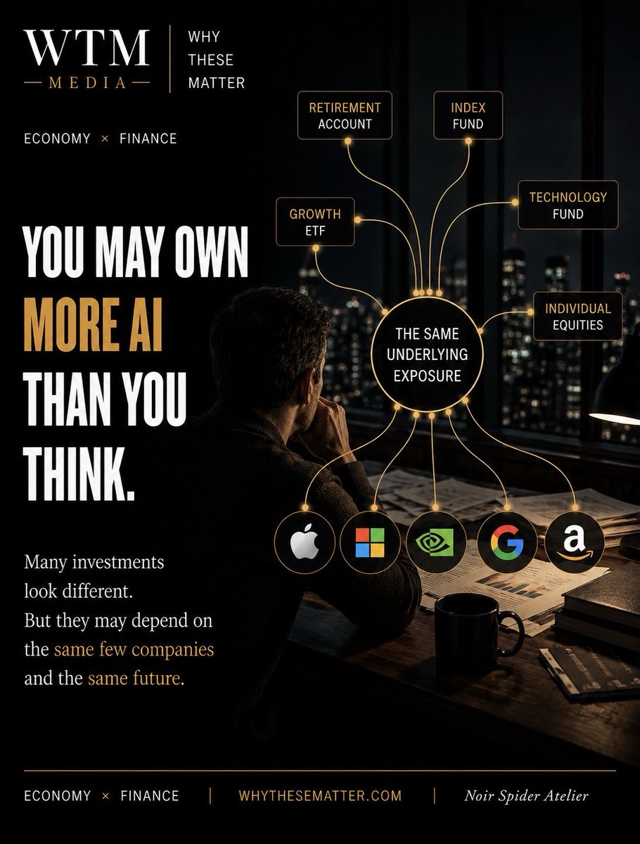 whythesematter's tweet photo. The AI boom is creating extraordinary wealth. But wealth creation and financial security are not the same thing.

The deeper risk is concentration—not simply in a portfolio, but across an entire economic life. The same technological transformation lifting markets may also reshape employment, wages, infrastructure, capital allocation and the future value of human skills. That changes the question.

Diversification can no longer mean owning many securities while depending on the same underlying companies, assumptions and technological future. Financial resilience increasingly requires looking across investments, income, liquidity, skills and optionality as one interconnected system.

AI may create enormous opportunity. It may also redistribute risk in ways conventional portfolio thinking does not fully capture.

The objective is not to predict the AI economy perfectly, It is to remain financially capable if your assumptions are wrong.

READ THE FULL WTM EDITORIAL INTELLIGENCE → WHY THESE MATTER⁠: https://t.co/0geNJM2bS9

#WhyTheseMatter #WTMMedia #Wealth #AI #Investing