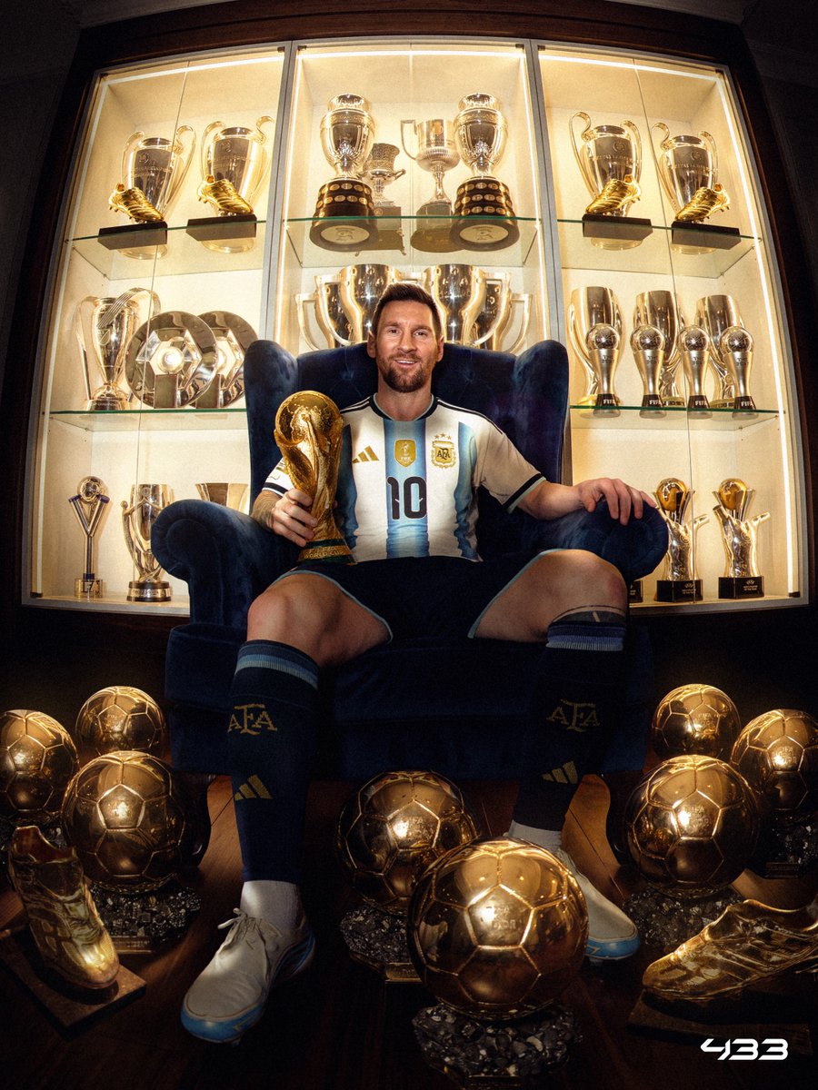 433's tweet photo. Messi's trophy cabinet with Argentina 🇦🇷

🏆🏆 Copa América
🏆 FIFA World Cup
🏆 FIFA World Youth Championship
🥇 Olympic Gold
🏆 Finalissima

From youth glory to lifting the World Cup, Leo completed the set ✨

Greatest to ever do it? 👀 https://t.co/VTtXD3RuFf