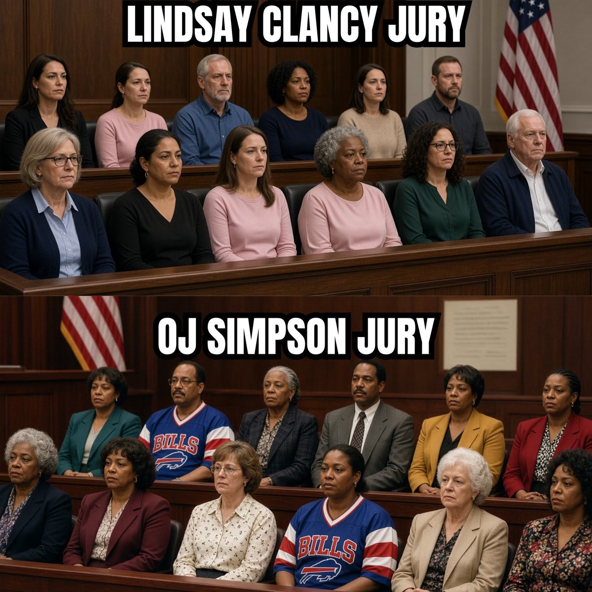 AlecLace's tweet photo. Lindsay Clancy jurors showed up in pink today.

That’s like the OJ Simpson jury walking in wearing Buffalo Bills jerseys.

This is not good https://t.co/lMq383qtKA