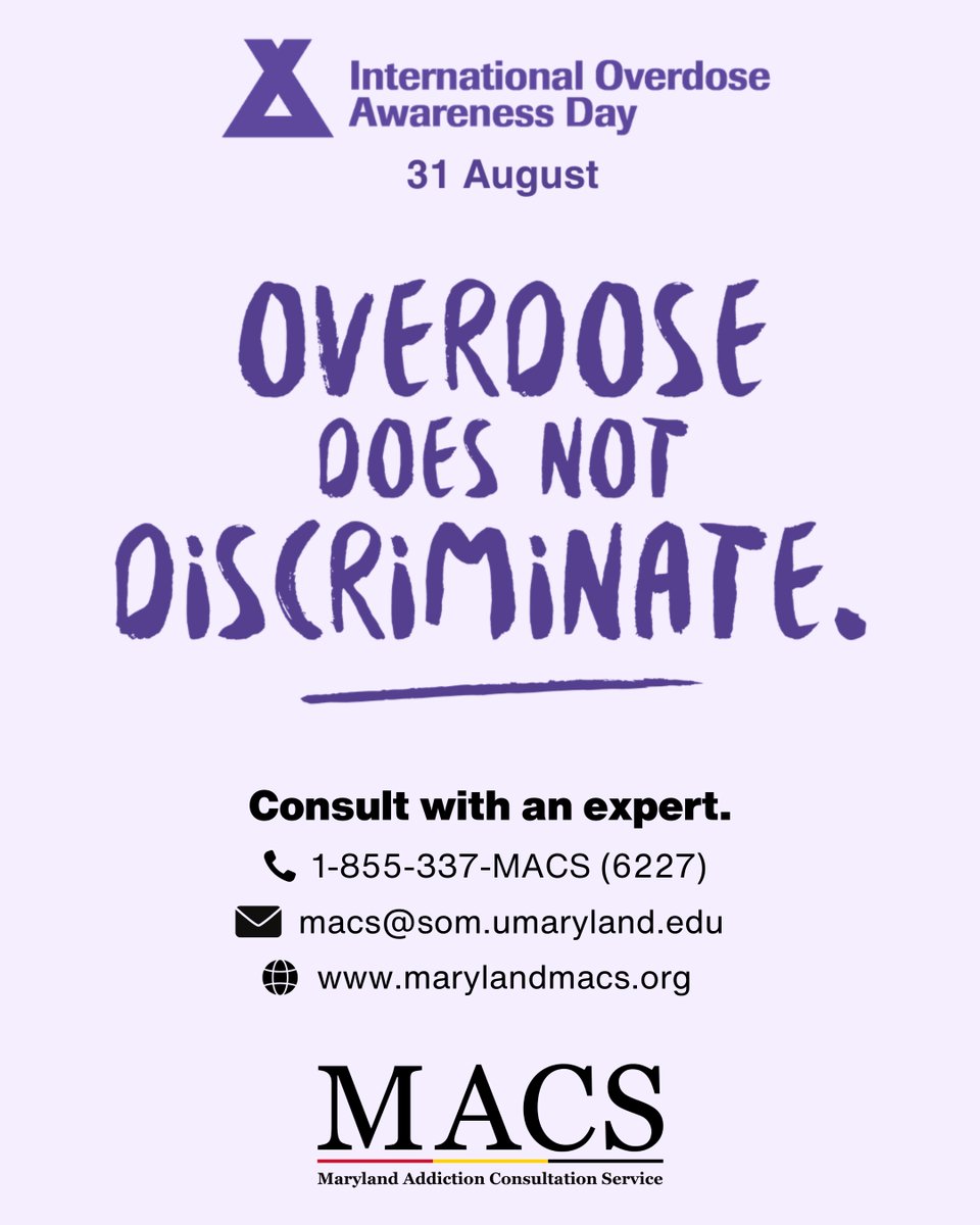 Maryland_MACS's tweet photo. Today is International #OverdoseAwareness Day. We remember the lives that have been lost and reinforce the vital importance of overdose prevention.
Connect with our team for support:
๐ 1-855-337-MACS (6227)
โ๏ธ macs@som.umaryland.edu
๐ป https://t.co/bVCO4M5LmV
@OverdoseDay https://t.co/A485H2js8v