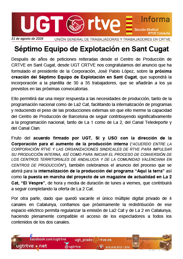 UGTRTVE's tweet photo. SANT CUGAT CRECE con un séptimo equipo, una petición histórica de UGT, gracias al acuerdo firmado por UGT, SI y USO por la producción y la conversión de la estructura territorial en centros de producción. La @rtve de todas y todos crece con UGT RTVE.
👇👇
https://t.co/3hHUaoxJNN https://t.co/YYqo8GKjKl
