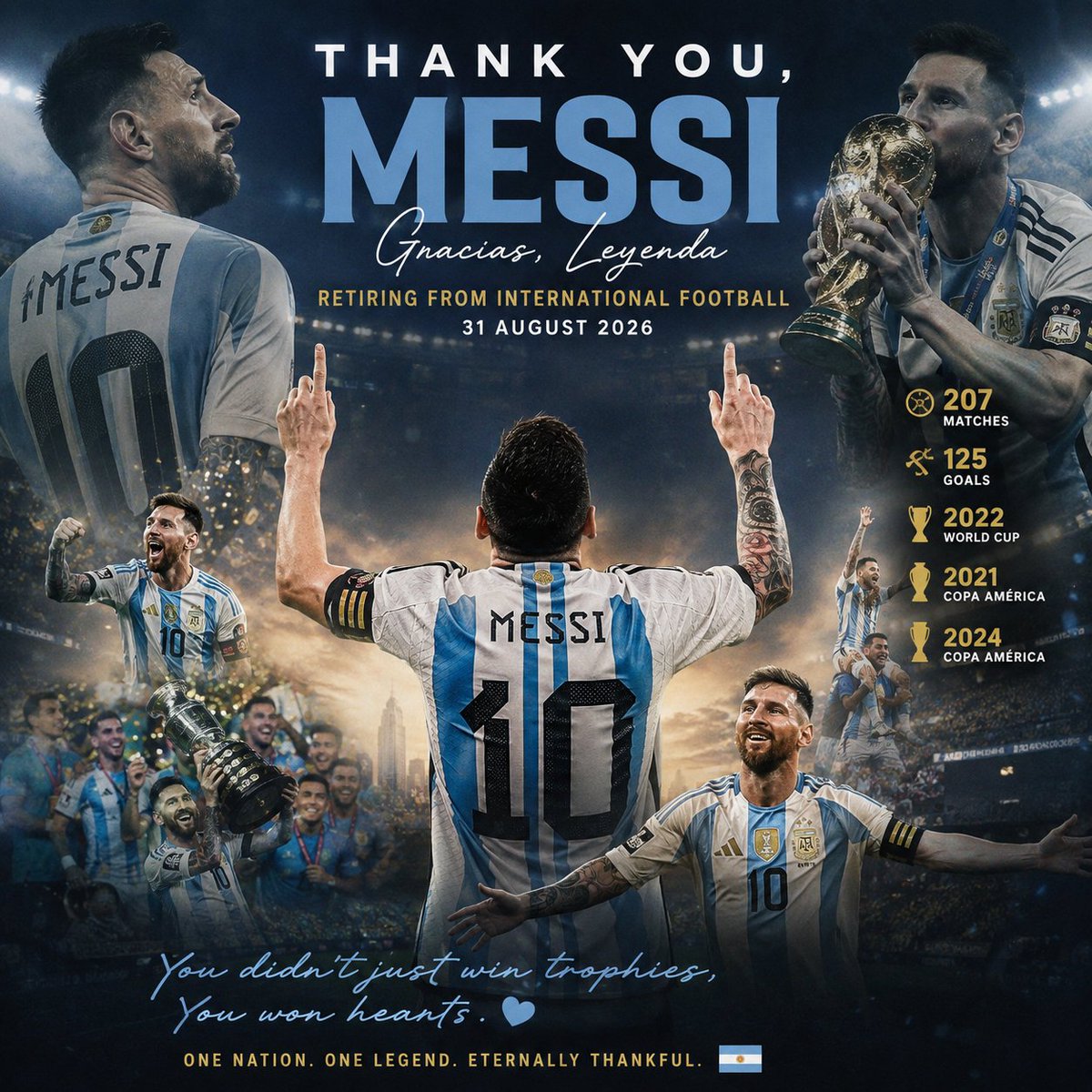 Apu8902's tweet photo. Thank you, Leo Messi. 🇦🇷🐐

From the heartbreaks to the tears, from the impossible dreams to lifting the World Cup — you gave Argentina everything.

207 matches. 125 goals. 1 World Cup. Countless memories.

Gracias, Leyenda. ❤️💙

#Messi #GraciasMessi #Argentina #GOAT https://t.co/WpMSbX6IHQ