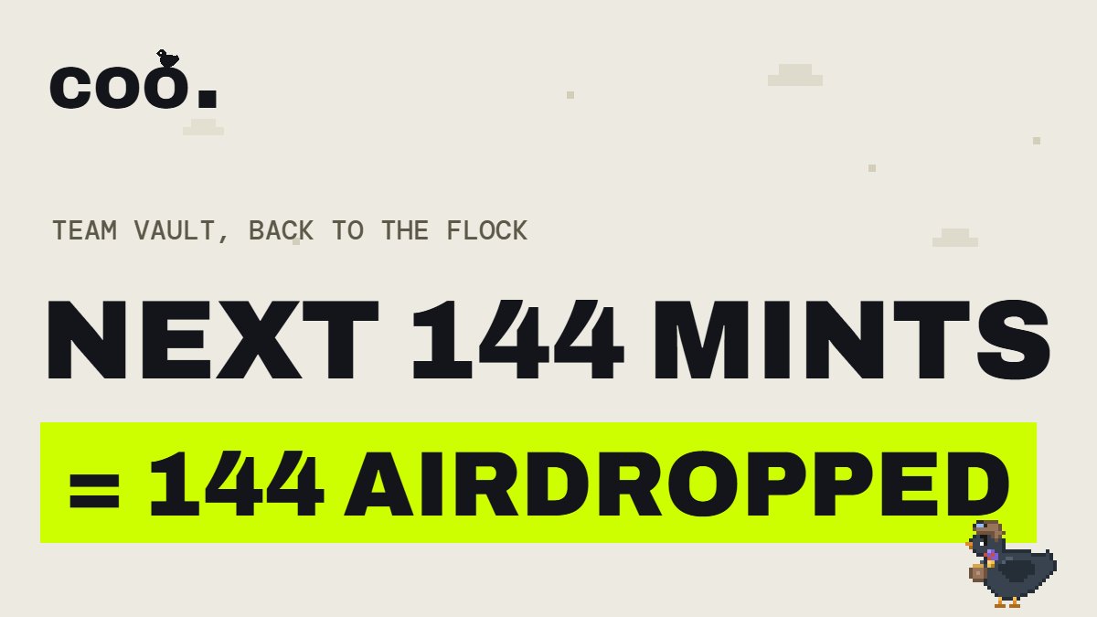 coorobinhood's tweet photo. After the supply cut, we realized the 144 we set aside for the team was more than we actually need

So we're giving some of it back to you

Next 144 mints = 144 COO airdropped
https://t.co/sppfNFR07e https://t.co/kL3E18fnWk