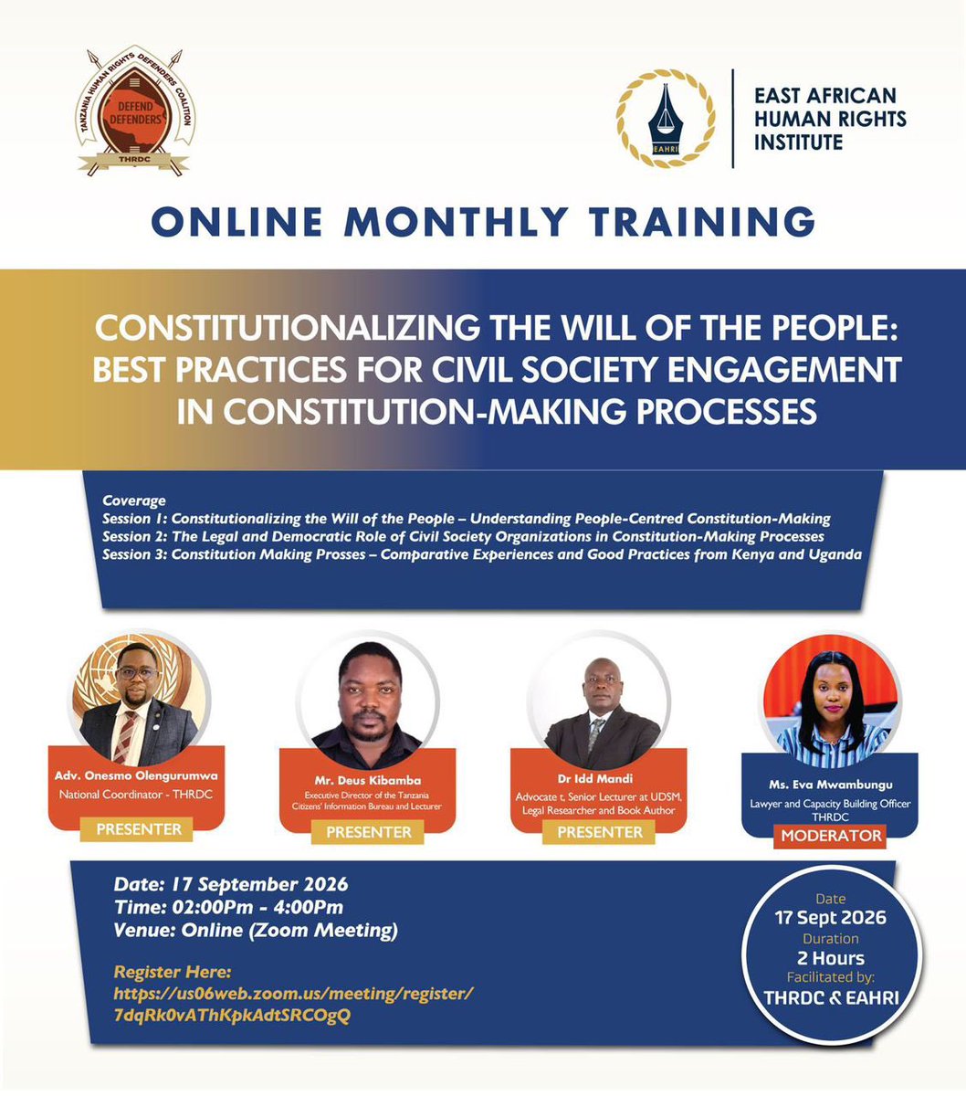 THRDCOALITION's tweet photo. 📢 “Constitutionalizing the Will of the People: Best Practices for Civil Society Engagement in Constitution-Making Processes”

📅 17 september  2026
⏰ 14:00–16:30 EAT
💻 Online via Zoom
🎟️ Free Participation
🔗 Click the link Bellow to Register👇👇👇
https://t.co/jPvAKLQ99D https://t.co/58jCdN7DMZ