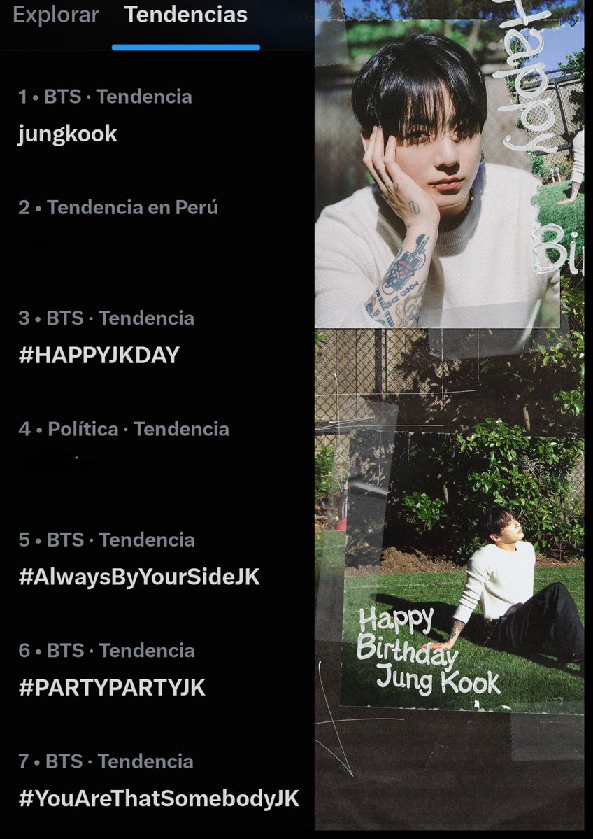 jungkook_pe's tweet photo. 🇵🇪 Tendencias en Perú 🐰

1.- jungkook
3.- #HAPPYJKDAY
5.- #AlwaysByYourSideJK
6.- #PARTYPARTYJK
7.- #YouAreThatSomebodyJK

¡Sigamos celebrando! 💜 https://t.co/a2UCpGmB49