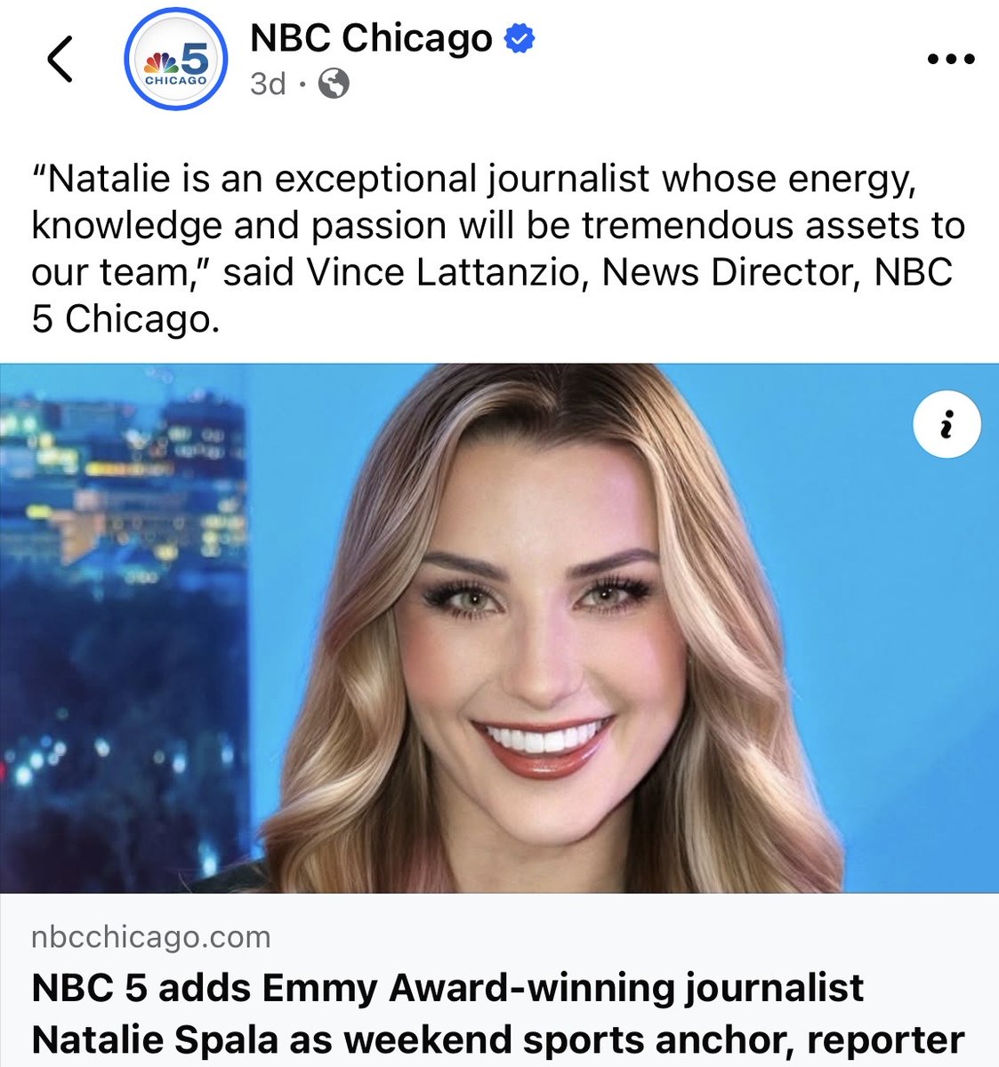 cbkmediamgt's tweet photo. Top-3 market move! Congratulations to CBK Media Management client @_nataliespala on joining the @nbcchicago sports team in Chicago, IL. Natalie previously worked at WJLA (ABC) in Washington DC.  Read➡️https://t.co/VOSMPdsxOx #ChicagoTVNews 
#NBC5Sports 
#NBCUniversal 
#TeamCBK https://t.co/F6borF3rZP