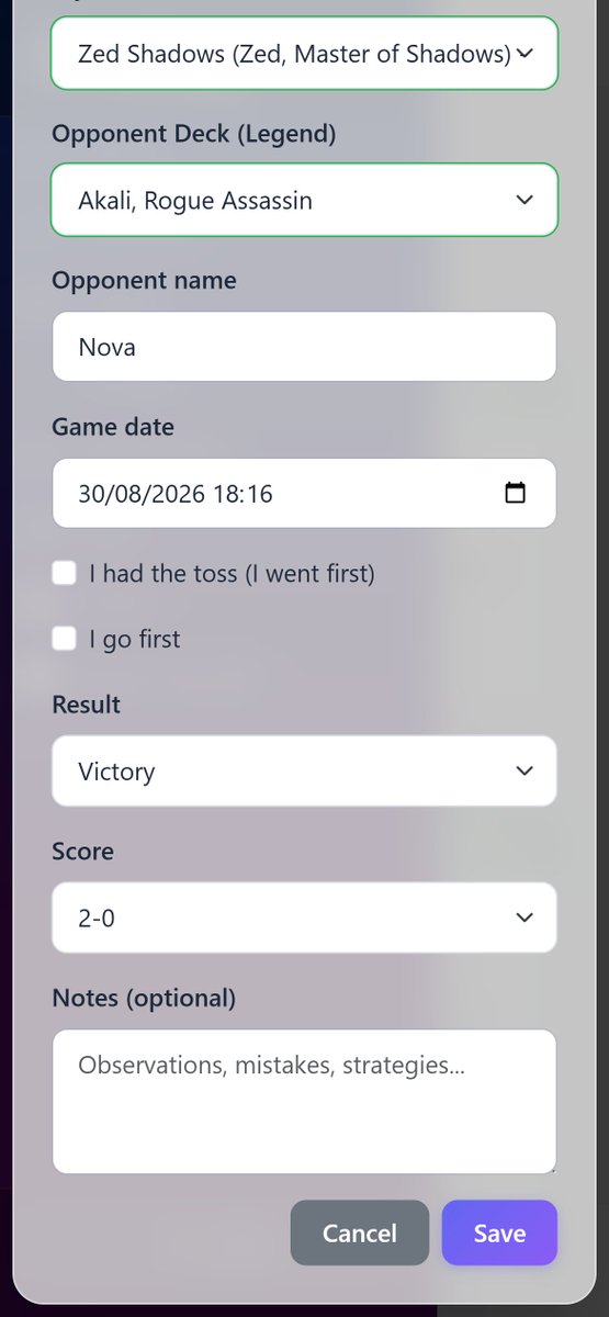 RiftboundTD's tweet photo. Logging a game takes seconds: your deck, the legend across the table, the result, the toss, the context.

That detail is what makes your stats readable three months later.

https://t.co/EH4sdQVkhG
#Riftbound #RiftboundTCG https://t.co/fwLagQh6Pz