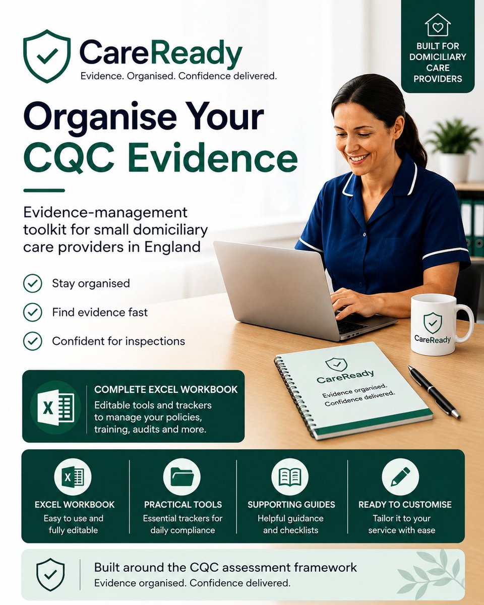 TheAISalesDaily's tweet photo. 🚀 Just launched: CareReady Evidence Pack Lite.

Organise your CQC evidence in one practical toolkit — built for small domiciliary care providers in England.

£39 | 20% off: CAREREADY20
👉 https://t.co/mhBuQXDk05
#CQC #DomiciliaryCare https://t.co/giS0Xmnu7p