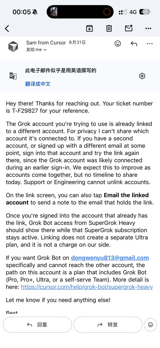 DongWenYuRyj's tweet photo. The latest Cursor help page says that if SuperGrok is linked to the wrong Cursor account, we should contact Support.

I did exactly that (Ticket T-F29827), but Support told me that neither Support nor Engineering can unlink or transfer the account.

So what are users actually supposed to do in this situation?

My SuperGrok Heavy subscription is active, but it is permanently stuck on an old/inaccessible Cursor account, leaving me unable to use the included Grok Bot access on my current account.

I’m not asking for any extra benefits — I just need the incorrect account mapping fixed so my paid Heavy entitlement can be used on the correct account.

Could someone from @cursor / @xAI @elonmusk  @grok @bot please take a look and help escalate this to someone who can actually resolve the account mapping?