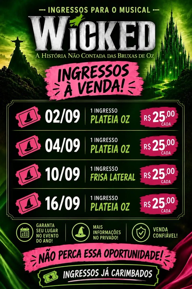 Ericsonsouza35's tweet photo. Vendo Ingressos Wicked Rio 
Não poderei ir nessas datas 
Já carimbados no fidelidade 

Vendo Wicked Rio
Vendo Ingresso Wicked https://t.co/poYn4kzb3a