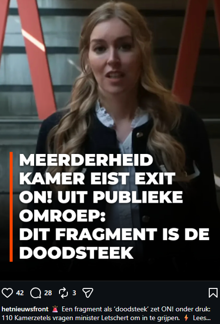 Symphony_res's tweet photo. Bizar. Je hoeft ON niet leuk te vinden en je mag de omroep inhoudelijk keihard bekritiseren. Maar 110 Kamerzetels die de minister oproepen zich met een specifieke publieke omroep te bemoeien zou juist alle alarmbellen moeten laten afgaan. Politici behoren niet te bepalen welke journalistieke geluiden wel of niet door de beugel kunnen.

Daar hebben we onafhankelijke regels, toezicht en een rechter voor. Zodra een politieke meerderheid gaat bepalen welke omroep te lastig, te rechts, te links of te ongewenst is, begeef je je op een gevaarlijk hellend vlak. Vandaag is het ON, morgen een omroep die een volgende Kamermeerderheid onwelgevallig is.

We leven in Nederland, niet in Noord-Korea of China. Persvrijheid stelt pas iets voor wanneer die óók geldt voor media waar de politieke meerderheid een bloedhekel aan heeft. Juist politici zouden dat principe moeten verdedigen in plaats van eraan te gaan morrelen.