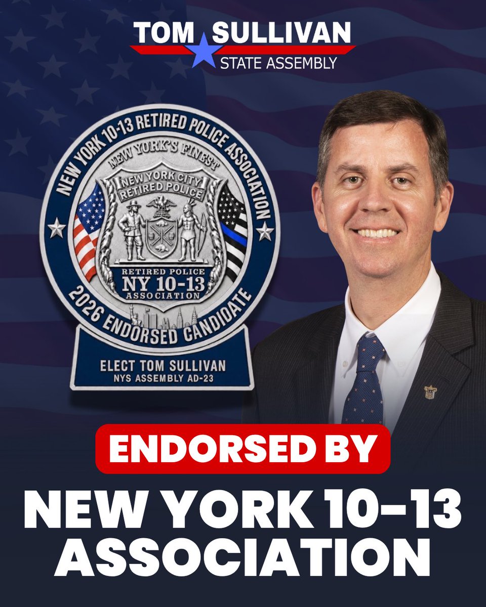Sully4Assembly's tweet photo. Honored to be endorsed by the NY 10-13 Association and S.O.A.R.

As the son and brother of law enforcement officers, I understand the importance of standing with those who dedicate their lives to protecting our communities. 

(1/2) https://t.co/MOmsE3Y9Jt