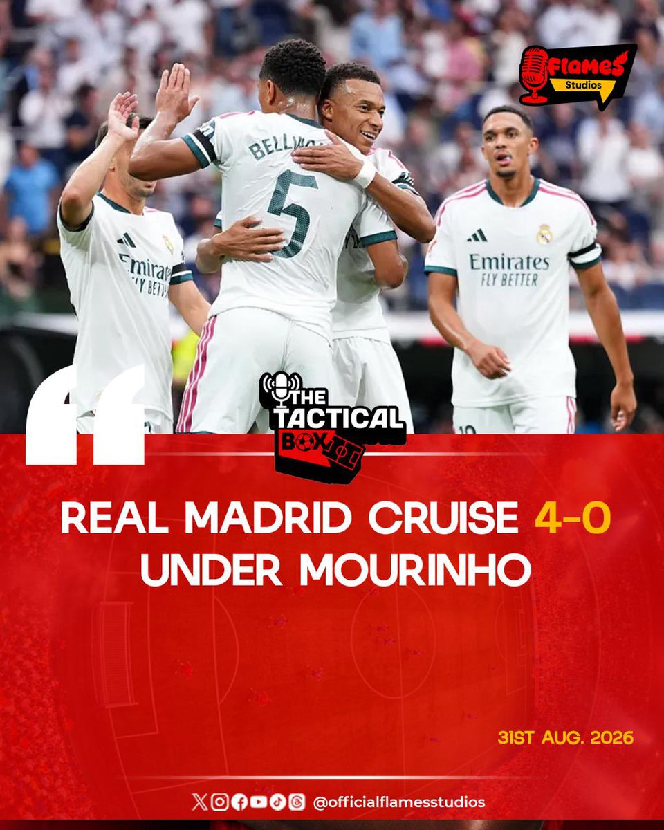flamesstudios's tweet photo. ⚪ Real Madrid cruise to a 4–0 win under Mourinho.

#thetacticalbox #footballnews #football #flamesstudios https://t.co/erzr2RTRuC