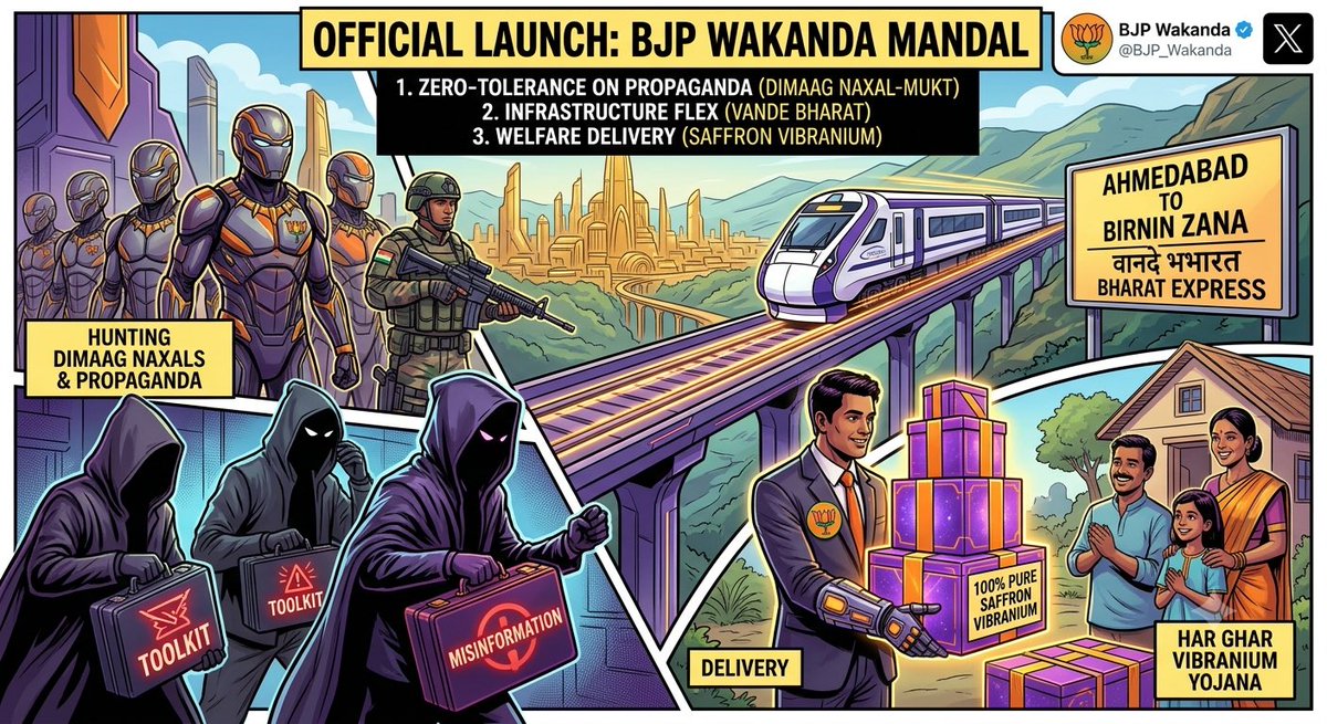 bjp_wakaanda's tweet photo. @BJP4Goa OFFICIAL PRESS RELEASE 🚨
BJP Wakanda Mandal is officially live on X under the visionary leadership of Modiji. 🪷

Zero-Tolerance on Propaganda: Hunting down Dimaag Naxals, dismantling foreign toolkits, and eliminating misinformation across the Golden City.

#BJPWakanda https://t.co/gSTpg9JFV8