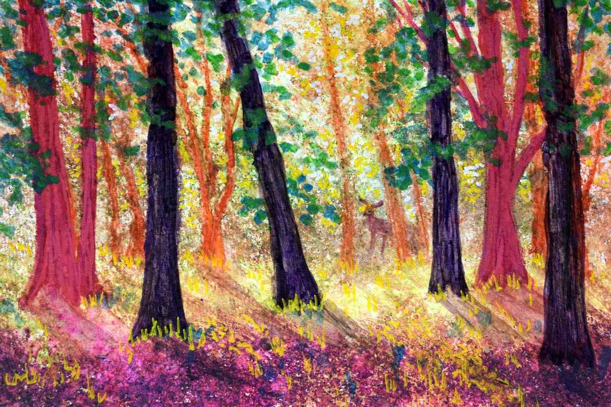 zenbreeze's tweet photo. Small painting, watercolor pencils and marker. I'm debating uploading it for prints but I'm not sure how well it will size up. #trees #woodland #deer #forest #originalpainting #watercolor #smallformatart #sfa https://t.co/hhdBzuWPdQ