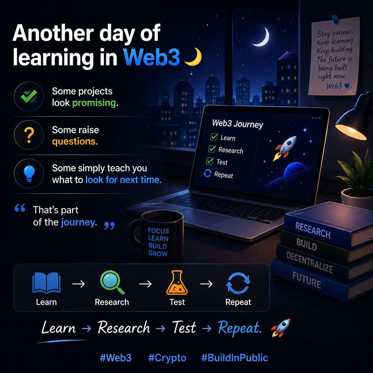 cryptonova84196's tweet photo. Another day of learning in Web3 🌙

Some projects look promising.
Some raise questions.
Some simply teach you what to look for next time.

That’s part of the journey.

Learn → Research → Test → Repeat. 🚀

#Web3 #Crypto #BuildInPublic https://t.co/QsommyjMj5
