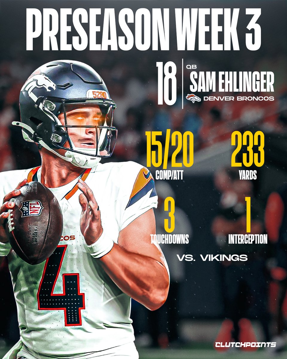 BroncoCountryCP's tweet photo. Sam Ehlinger lit up the field in Preseason Wk 3 vs the Vikings!

🟠 15/20 COMP/ATT

🟠 233 YDS

🟠 3 TDs

🟠 1 INT

Surgical precision and dynamic playmaking in Denver.

Is #18 locked in for a big year? https://t.co/fcOT3nQ3eF