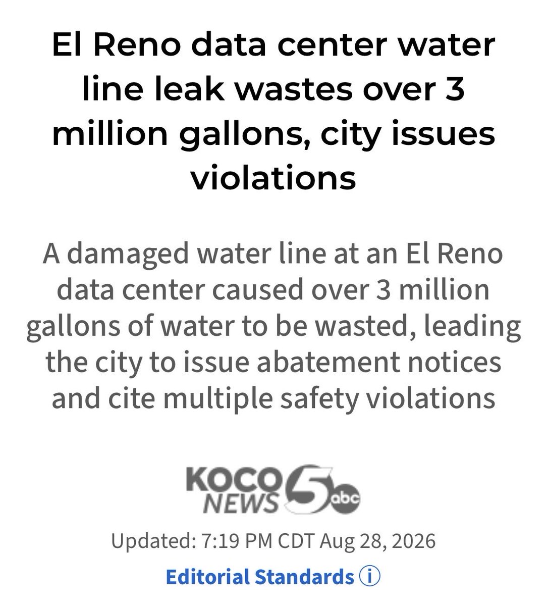 carlquintanilla's tweet photo. EL RENO, Okla. — A damaged private water line at a data center in El Reno caused more than 3 million gallons of water to be wasted this week, prompting the city to issue emergency abatement and public nuisance notices.

@koconews 
https://t.co/N8NGP2OWPV https://t.co/xPGTcOvoUp