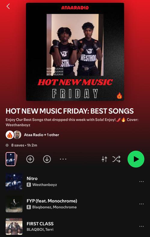 AtaaRadio's tweet photo. 🚨 Missed last week’s drops? 🤔
Here are 5️⃣ songs you might have slept on! 👀 

1. NITRO - WESTHANBOYZ
2. FYP - BLAQBONEZ & MONOCHROME 
3. HEALING - PHYNO
4. HOLD SOMEBODY - ARDBEE
5. REASONS - NEXAR & FEMII

Discover more fresh drops every Friday on our HOT NEW MUSIC FRIDAY /w @soladaloris 🔥 

PRESS PLAY & SAVE THE PLAYLIST NOW! 🎧 🔥
https://t.co/2ajSwu3B5R