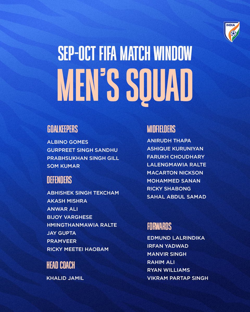 IndianFootball's tweet photo. India’s squad for the September-October FIFA Men’s International Match Window. 🐯

The #BlueTigers’ training camp will begin on September 14 in Bengaluru.

September 26: 🇮🇳 vs 🇵🇦
October 3: 🇮🇳 vs 🇧🇷
October 6: 🇮🇳 vs 🇺🇾

Read more 🔗 https://t.co/T8KgsPnPYz

#IndianFootball https://t.co/1qN9O14uOa