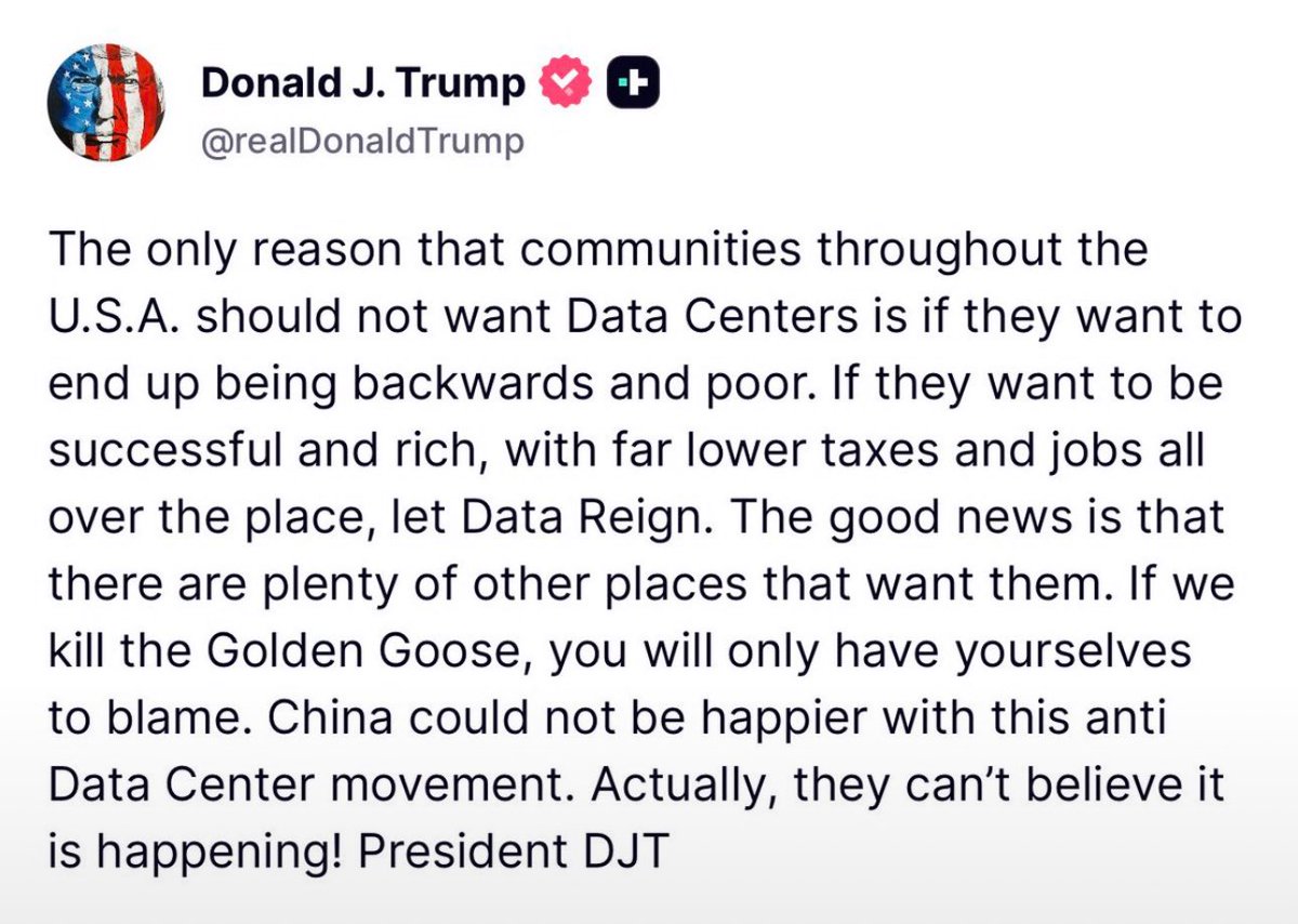 Cryphoeria's tweet photo. Data centers: job creation engine vs. energy grid strain? 
Trump frames resistance to data infrastructure as an economic misstep and a competitive advantage for foreign rivals. https://t.co/BFmF8x51nC
