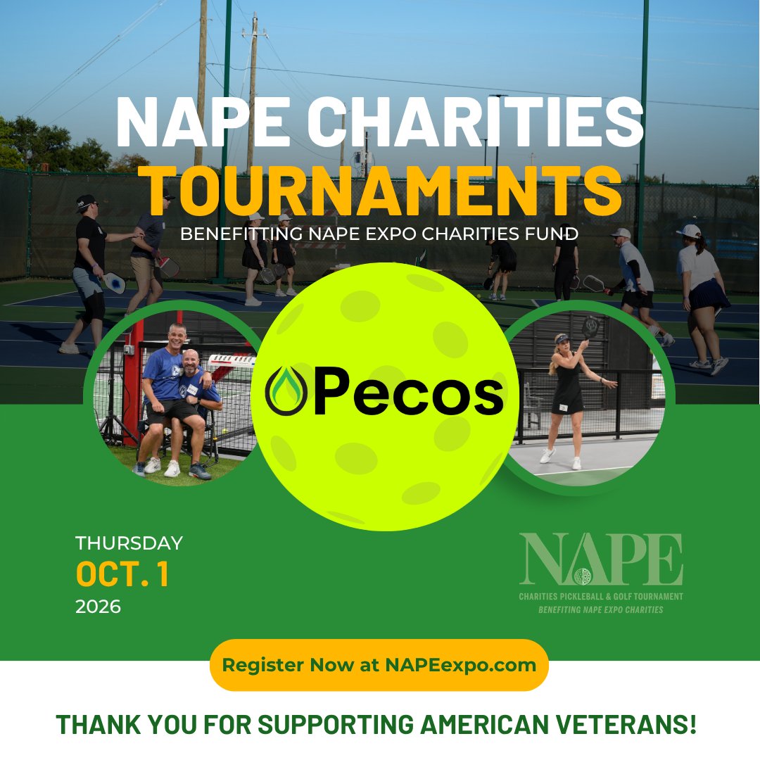 NAPE_Expo's tweet photo. Pecos Country Operating will help you bring the heat on court as the Paddle Sponsor for the NAPE Charities Pickleball Tournament. Thank you, Pecos, for supporting Veterans through the NAPE Expo Charities Fund — your participation will help us provide $100,000 each to two deserving charities.

You can join the fun on Oct. 1 at the Elite Pickleball Club of Houston. Your sponsorship will cover:

🥒 Tournament & Open Play
🥒 1 to 2 two-person teams
🥒 Food & beverages
🥒 Games & prizes
🥒 Social media shoutout to NAPE's 21K followers

Do you want to compete and support our heroes? Visit https://t.co/W3NtFS5ldO.

#NAPECharities #NAPEPickleball #VeteransCharity