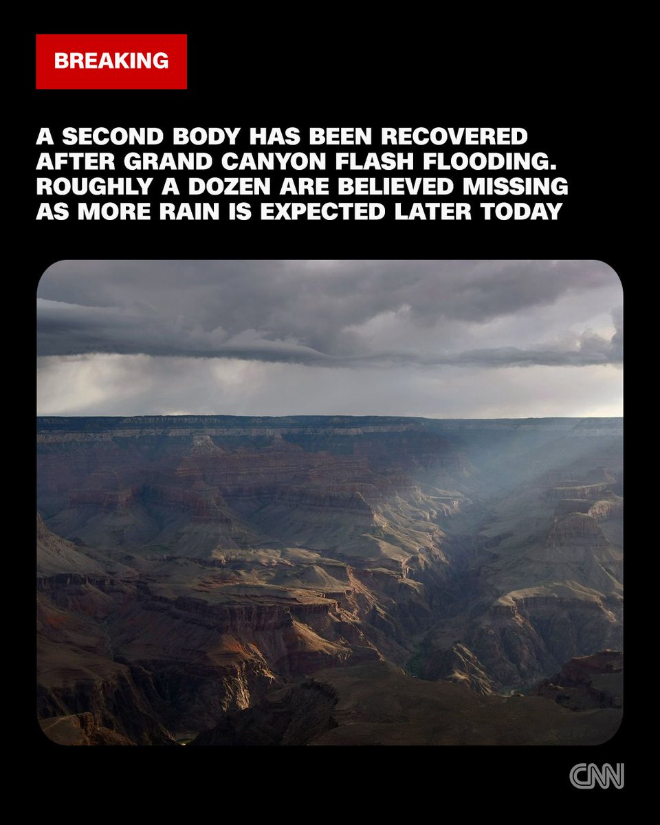 cnnbrk's tweet photo. A second body has been recovered after Grand Canyon flash flooding. Roughly a dozen are believed missing as more rain is expected later today. https://t.co/20rwnXIO7B https://t.co/42apXh8X00