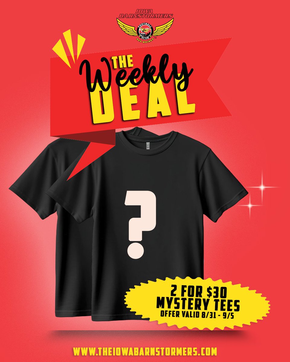 iabarnstormers's tweet photo. Score a surprise with The Weekly Deal! ✨ Get TWO Iowa Barnstormers Mystery Tees for just $30!

Shop now 👉 https://t.co/NrwrjXPp6C

Youth Styles are also available, two for $25.

*Styles are a mystery. Each mystery pack includes two (2) different T-Shirts, multiple mystery pack orders may contain duplicate styles.