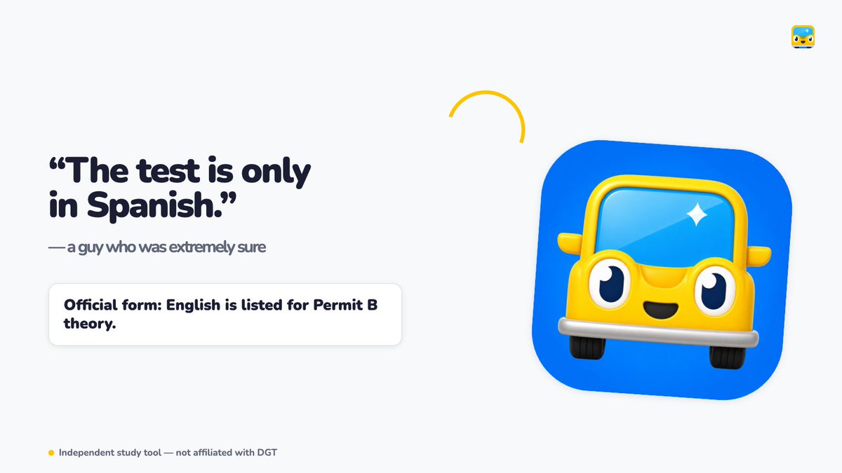 beepdgt's tweet photo. "The theory test is only in Spanish."

The current official DGT application form says otherwise: English is listed for A1, A2 and B theory tests. Request it on the application.

Free diagnostic: https://t.co/AeovHj5vI7 https://t.co/7P6xURoN8h