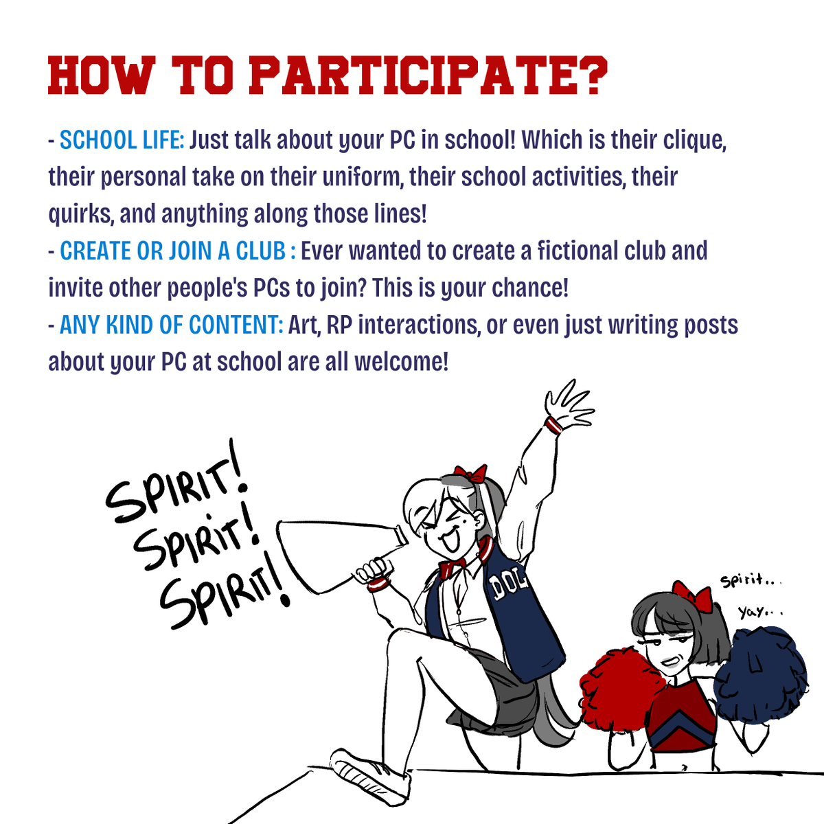 knkwitch's tweet photo. It's back-to-school season in Rapechestire! And because of that, I made a small activity while we wait for the DOL Halloween countdown!
This is an exploration event! Is your PC a geek, a jock, a goth, or just a floater? What clubs would they join or even start? I'll be watching! https://t.co/DeeSVXN6JE