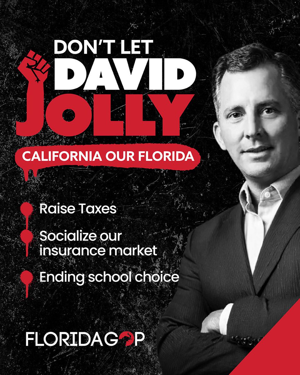 FloridaGOP's tweet photo. .@DavidJollyFl’s plan for Florida:

Raise taxes. Socialize insurance. End school choice.

That’s California. Not Florida. https://t.co/hXjdftxlfE