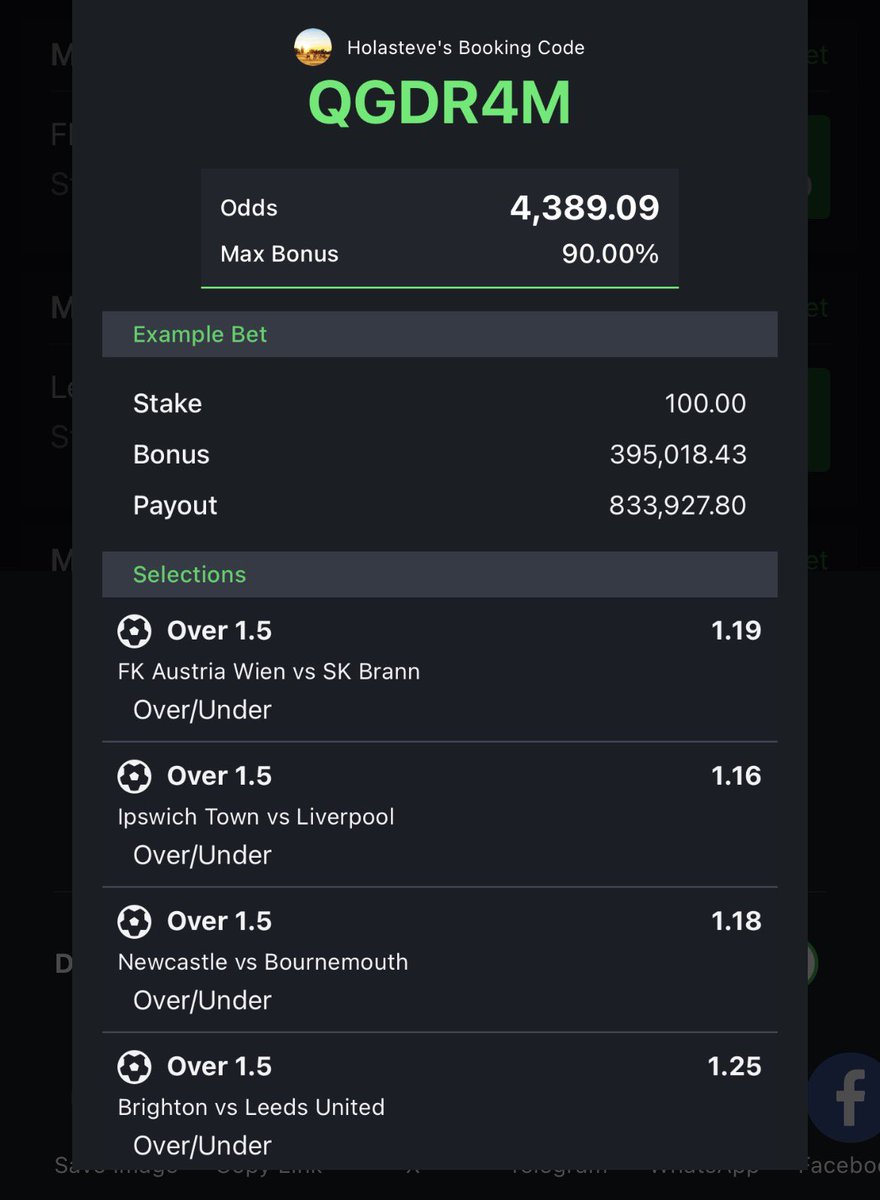 HolaSteve4's tweet photo. 1st - 6th ⚽️ 

4,389 odds           QGDR4M

1,110 odds               G2105W
384 odds                 HH646Z
107 odds                  LAEW7H

Ov1.5 goal 🥅 https://t.co/ANgyLLSWUN