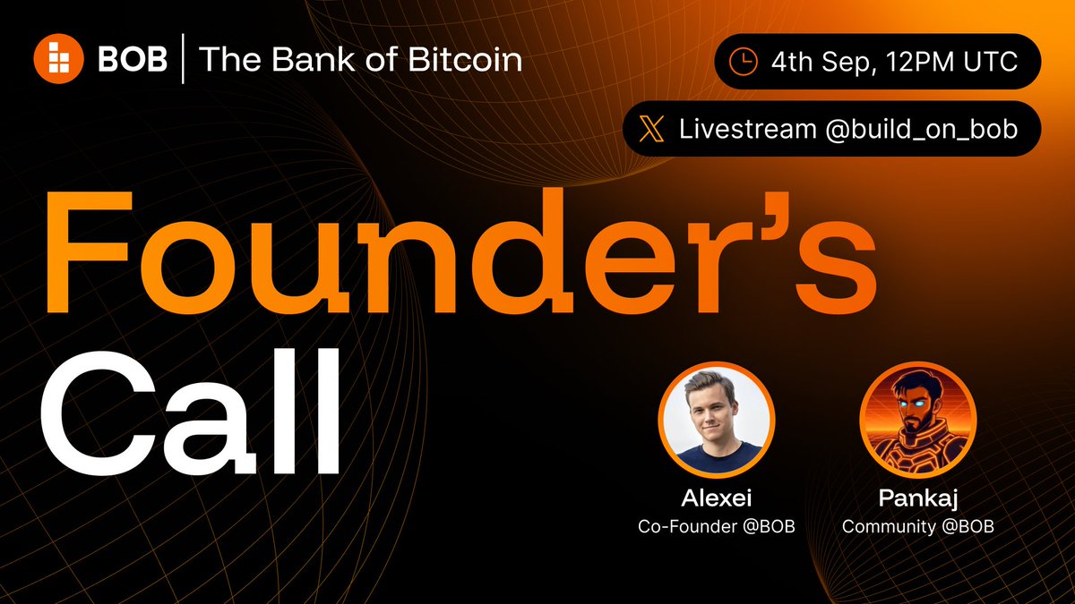 build_on_bob's tweet photo. August is over and it means that it's time for a Founder's Call 🍁

Join us this Friday to talk through the monthly highlights, product, research and community updates with @alexeiZamyatin and @Pkj_btc.

🗓️ Friday, Sep 4th, 12PM UTC
🔗 https://t.co/D28A3x67Aw https://t.co/bVfCIPhOVN