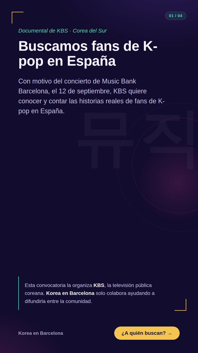 KoreaenBCN's tweet photo. ¡¡Atención!! La KBS busca fans del K-pop para un documental el 10-12 de Septiembre que asistan al Music Bank de Barcelona
Tenéis toda la información en las imágenes
Korea en Barcelona solo es un altavoz. Para más información enviad un mail: k.fandom2026@gmail.com  Muchas gracias https://t.co/od2M8wc6sT
