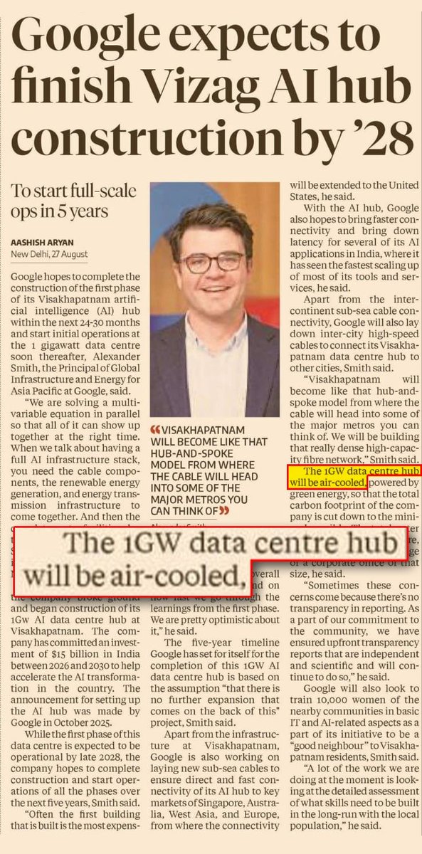 naralokesh's tweet photo. Google’s Vizag AI Hub is moving from vision to reality - and fast. The first 1 GW phase is expected to be completed by 2028, with initial operations beginning soon after. Over five years, Google plans to build out the full AI infrastructure stack - data centres, renewable energy and transmission infrastructure, while also strengthening Vizag’s global connectivity through new subsea cables. The interview also clarifies that Google’s Vizag AI Hub will use air-cooling technology, dramatically reducing water usage while being powered by green energy.

@Google 
#GoogleComesToAP 
#ChooseSpeedChooseAP
