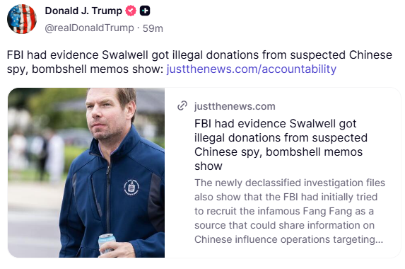 GuntherEagleman's tweet photo. The FBI had it.

Suspected Chinese intelligence asset. Illegal donations. Interns traded for cash. Access sold. And Eric Swalwell on the House Intelligence Committee anyway.

Newly declassified memos say Fang Fang routed foreign money through straw donors into Swalwell’s campaign and dangled internships for checks. The bureau knew who she was tied to. They even tried to flip her.

Then the case got narrowed. He stayed on Intel. America was supposed to forget.

If a Republican had slept next to a suspected MSS operator and taken the money, they’d still be holding hearings. This one got a pass and a microphone.

China didn’t need to hack the committee. They walked in the front door.
