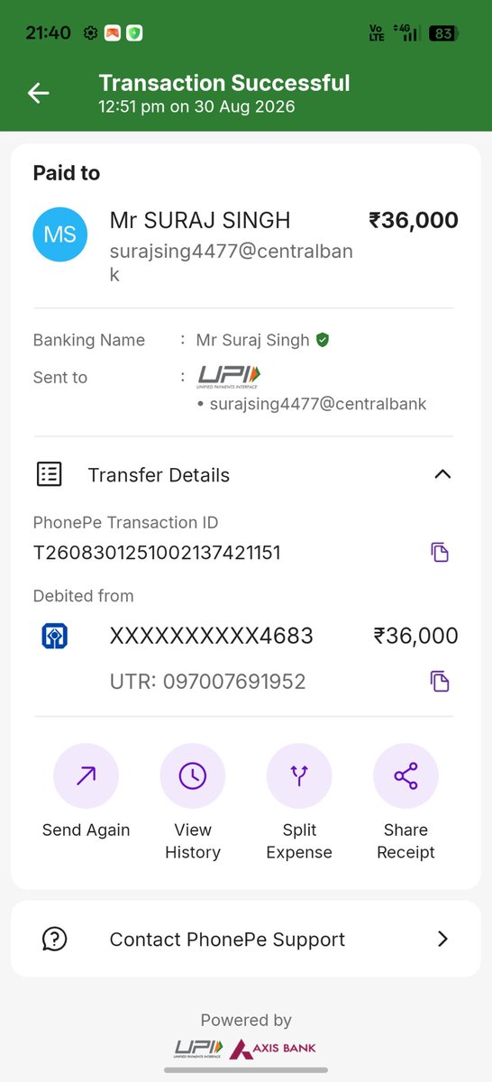 AmanSharma0110's tweet photo. @RBI @PhonePe  @Paytm 
I, Aman Sharma, yesterday on 30/8/2026, two transactions were fraudulent from my account, in which Rs 23000 and Rs 36000 were defrauded, of which I have taken some screenshots and 3 transactions failed, in which his https://t.co/X1wCt0ckLW