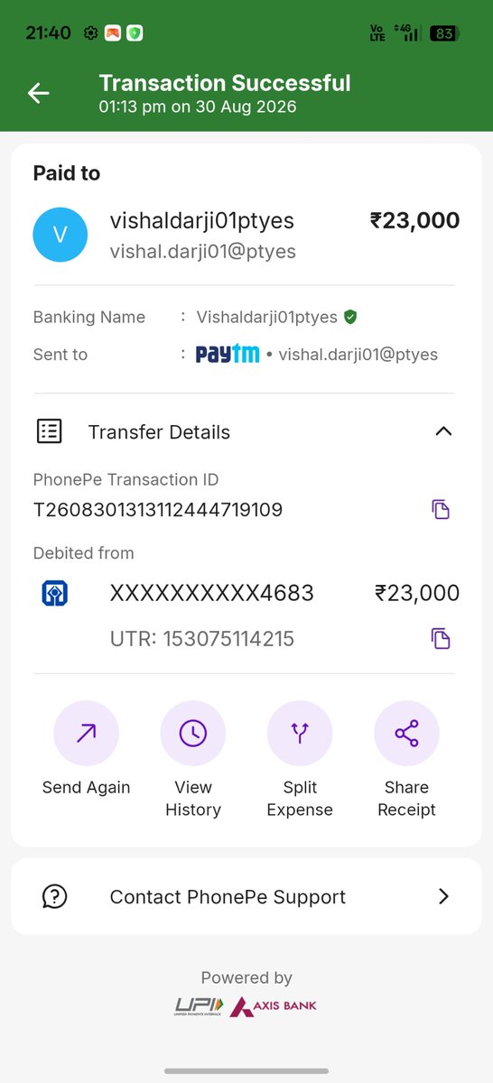 AmanSharma0110's tweet photo. @RBI @PhonePe  @Paytm 
I, Aman Sharma, yesterday on 30/8/2026, two transactions were fraudulent from my account, in which Rs 23000 and Rs 36000 were defrauded, of which I have taken some screenshots and 3 transactions failed, in which his https://t.co/X1wCt0ckLW