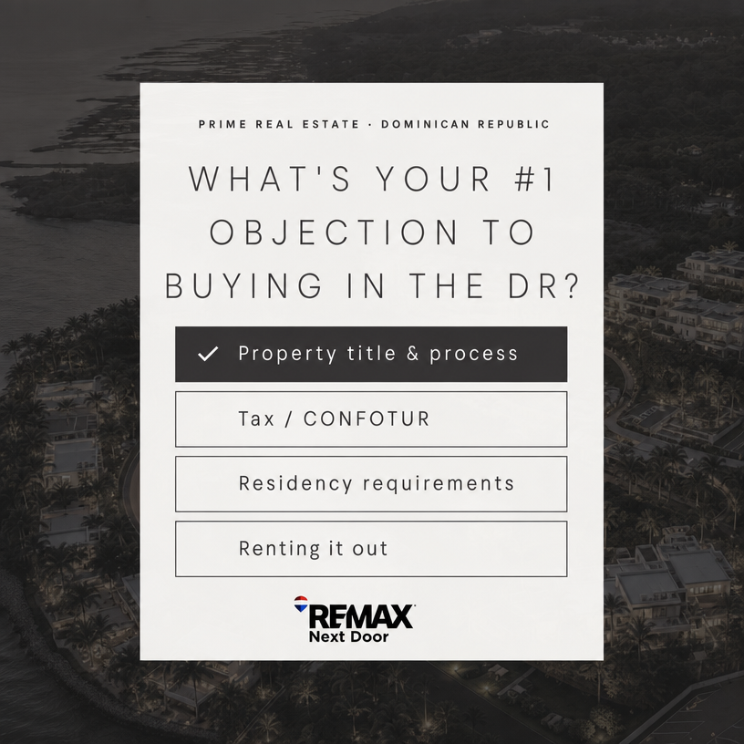 therealHarold_'s tweet photo. Ready to buy in the Dominican Republic, but something keeps holding you back?

Tell us yours below and we'll answer it properly this week.

1. Property title &amp; process
2. Taxes &amp; CONFOTUR
3. Residency requirements
4. Renting it out

Drop the number. ⬇️ https://t.co/ryu0lfg00n