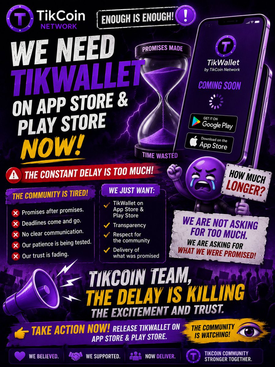 IamericOny77334's tweet photo. 🚨 $TikCoin Team, We’ve Been Patient Enough! 

We need TikWallet officially available on both the App Store and Google Play Store. 📱

The constant delays are becoming too much. 
@TikCoin_Network 
#tikchain 
#tikcoin https://t.co/g7amdDWqty